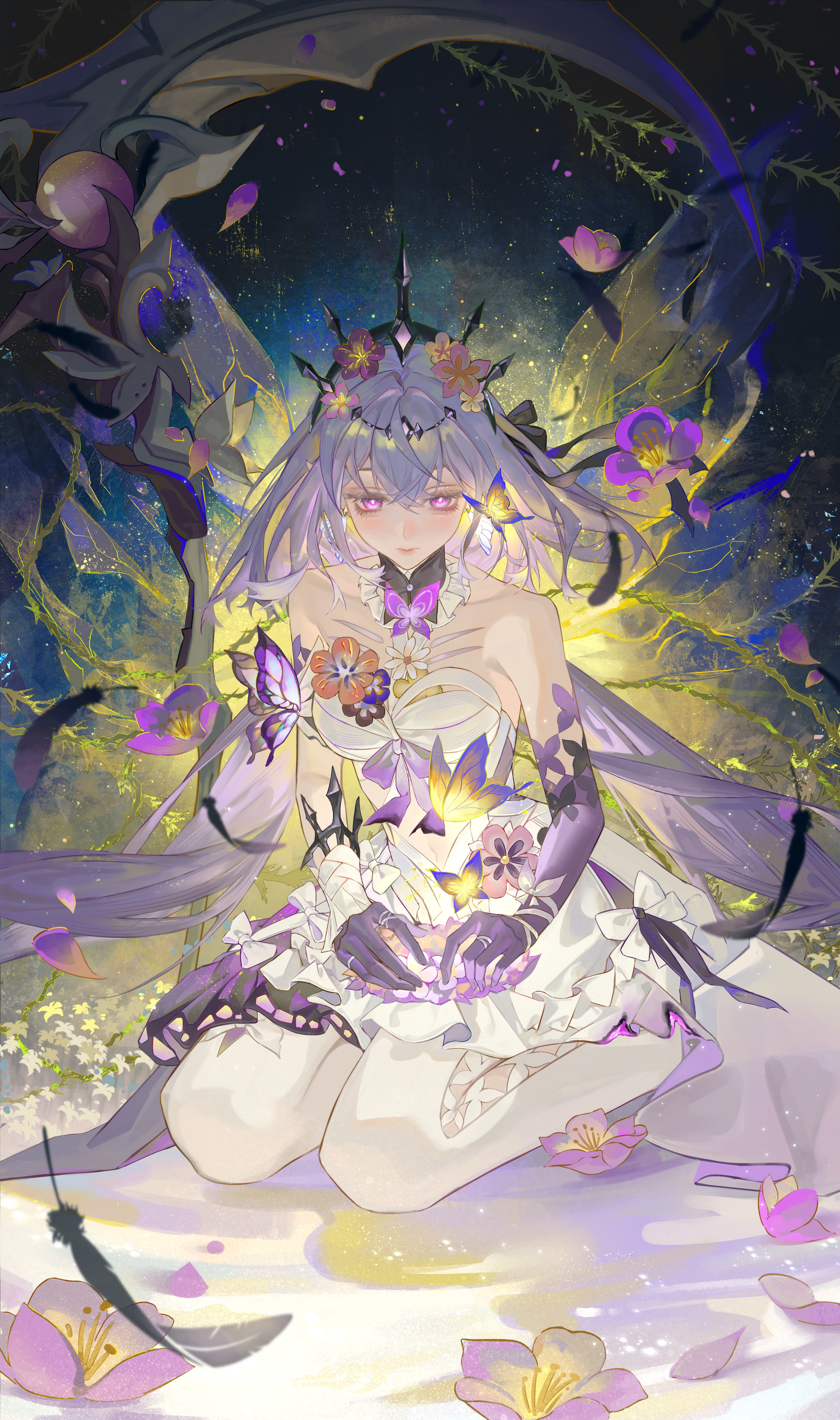 ruanxiao, castorice (honkai: star rail), honkai: star rail, honkai (series), absurdres, highres, second-party source, 1girl, asymmetrical gloves, bare shoulders, black tiara, bright pupils, bug, butterfly, closed mouth, dress, elbow gloves, flower, gloves, grey hair, insect, long hair, looking at viewer, pantyhose, pointy ears, purple butterfly, purple gloves, seiza, sitting, solo, tiara, uneven gloves, white dress, white pantyhose