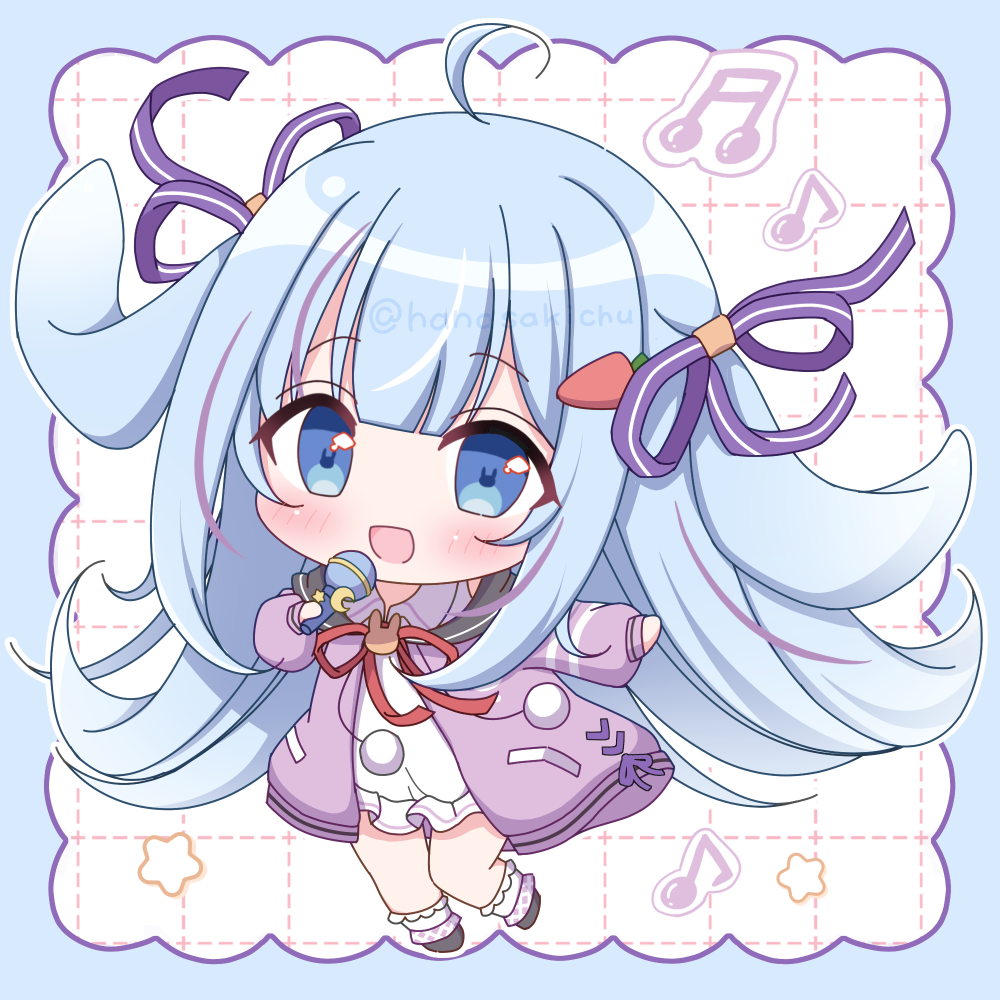 hanasakichu, indie virtual youtuber, commentary request, 1girl, :d, black shoes, blue border, blue eyes, blue hair, blunt bangs, blush, border, carrot hair ornament, chibi, chibi only, coco chocolat, dress, food-themed hair ornament, full body, grid background, hair ornament, holding, holding microphone, jacket, long hair, long sleeves, looking at viewer, microphone, multicolored hair, open mouth, outside border, purple jacket, purple streaks, rabbit-shaped pupils, shoes, smile, socks, solo, streaked hair, symbol-shaped pupils, twitter username, virtual youtuber, white background, white dress, white socks