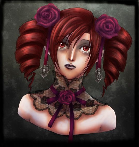 masaero, amy sorel, soul calibur, soulcalibur, soulcalibur iv, 1girl, drill hair, female focus, flower, red eyes, red hair, rose, solo