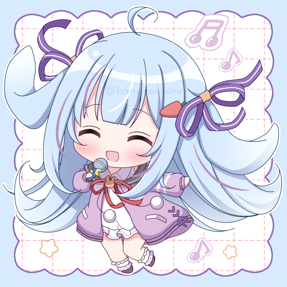 hanasakichu, indie virtual youtuber, commentary request, 1girl, :d, ^ ^, black shoes, blue border, blue hair, blunt bangs, blush, border, carrot hair ornament, chibi, chibi only, closed eyes, coco chocolat, dress, food-themed hair ornament, full body, grid background, hair ornament, holding, holding microphone, jacket, long hair, long sleeves, microphone, multicolored hair, open mouth, outside border, purple jacket, purple streaks, rabbit-shaped pupils, shoes, smile, socks, solo, streaked hair, symbol-shaped pupils, twitter username, virtual youtuber, white background, white dress, white socks