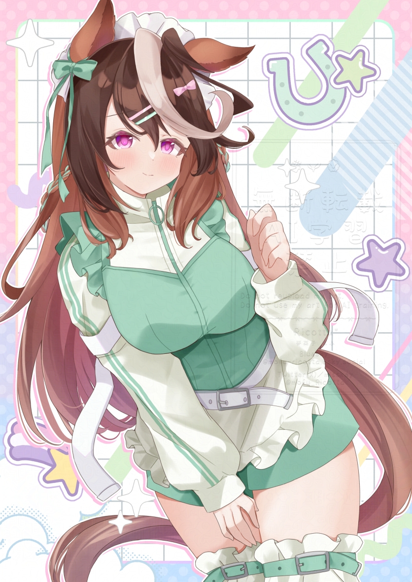 mofu ricotta, symboli rudolf (umamusume), umamusume, 1girl, alternate costume, animal ears, apron, blush, bow, breasts, brown hair, closed mouth, cowboy shot, ear bow, frilled apron, frilled thigh strap, frills, green bow, green jacket, green shorts, hair between eyes, hair bow, hair ornament, hairclip, horse ears, horse girl, horse tail, horseshoe, jacket, jersey maid, large breasts, long hair, long sleeves, looking at viewer, maid, maid apron, maid headdress, multicolored hair, purple eyes, shorts, smile, star (symbol), streaked hair, tail, thigh strap, track jacket, unconventional maid, waist apron, white apron, white hair, white headdress