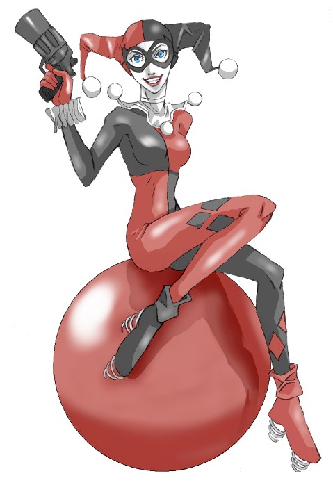hoshikuma shaare, petri, springs, harley quinn, batman (series), dc comics, 1girl, animification, ball, blue eyes, bodysuit, domino mask, female focus, gloves, grin, gun, hat, jester, jester cap, lips, looking at viewer, makeup, mask, simple background, sitting, smile, solo, spring (object), weapon, white background