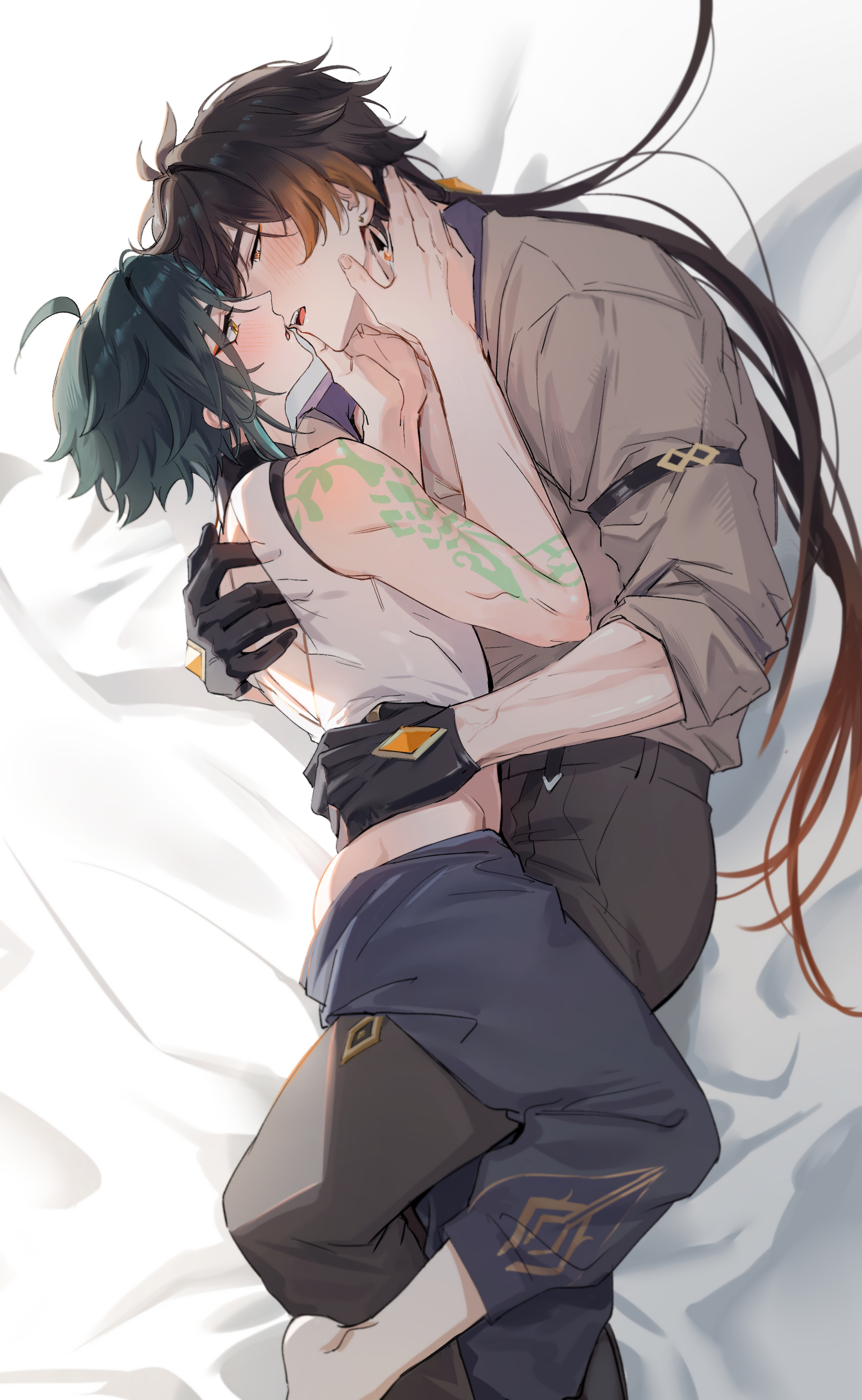 lji 321, xiao (genshin impact), zhongli (genshin impact), genshin impact, highres, 2boys, aqua hair, arm tattoo, black gloves, black hair, black pants, brown hair, brown pants, brown shirt, earrings, gloves, gradient hair, hair between eyes, imminent kiss, jewelry, long hair, male focus, multicolored hair, multiple boys, open clothes, open mouth, open shirt, pants, shirt, single earring, tattoo, white shirt, yaoi, yellow eyes