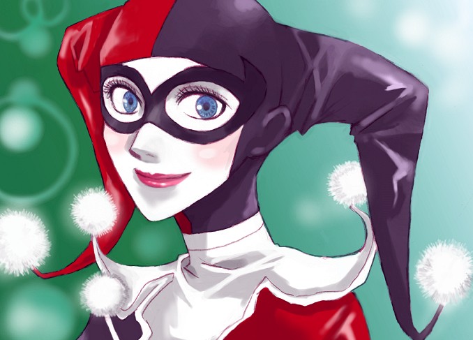 hoshikuma shaare, petri, harley quinn, batman (series), dc comics, 1girl, animification, blue eyes, blush, bodysuit, domino mask, female focus, hat, jester, jester cap, lips, makeup, mask, pom pom (clothes), smile, solo, upper body