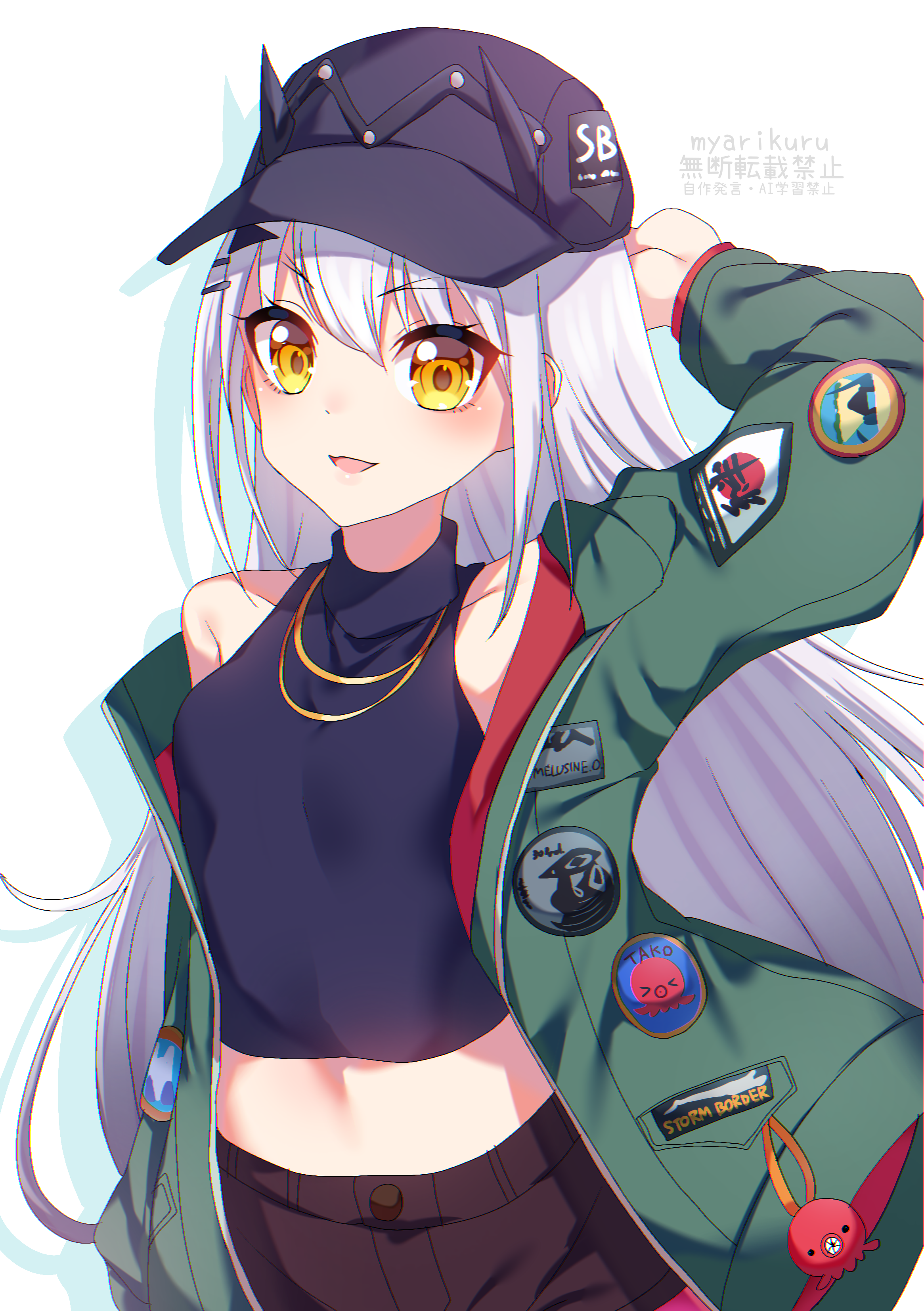 myarikuru, melusine (fate), fate/grand order, fate (series), absurdres, highres, 1girl, baseball cap, black hat, black shirt, black shorts, blush, breasts, forked eyebrows, green jacket, hat, jacket, jewelry, long hair, long sleeves, looking at viewer, melusine (over the same sky) (fate), midriff, navel, necklace, open mouth, pantyhose, pink pantyhose, shirt, shorts, sidelocks, sleeveless, sleeveless shirt, small breasts, smile, solo, white hair, yellow eyes