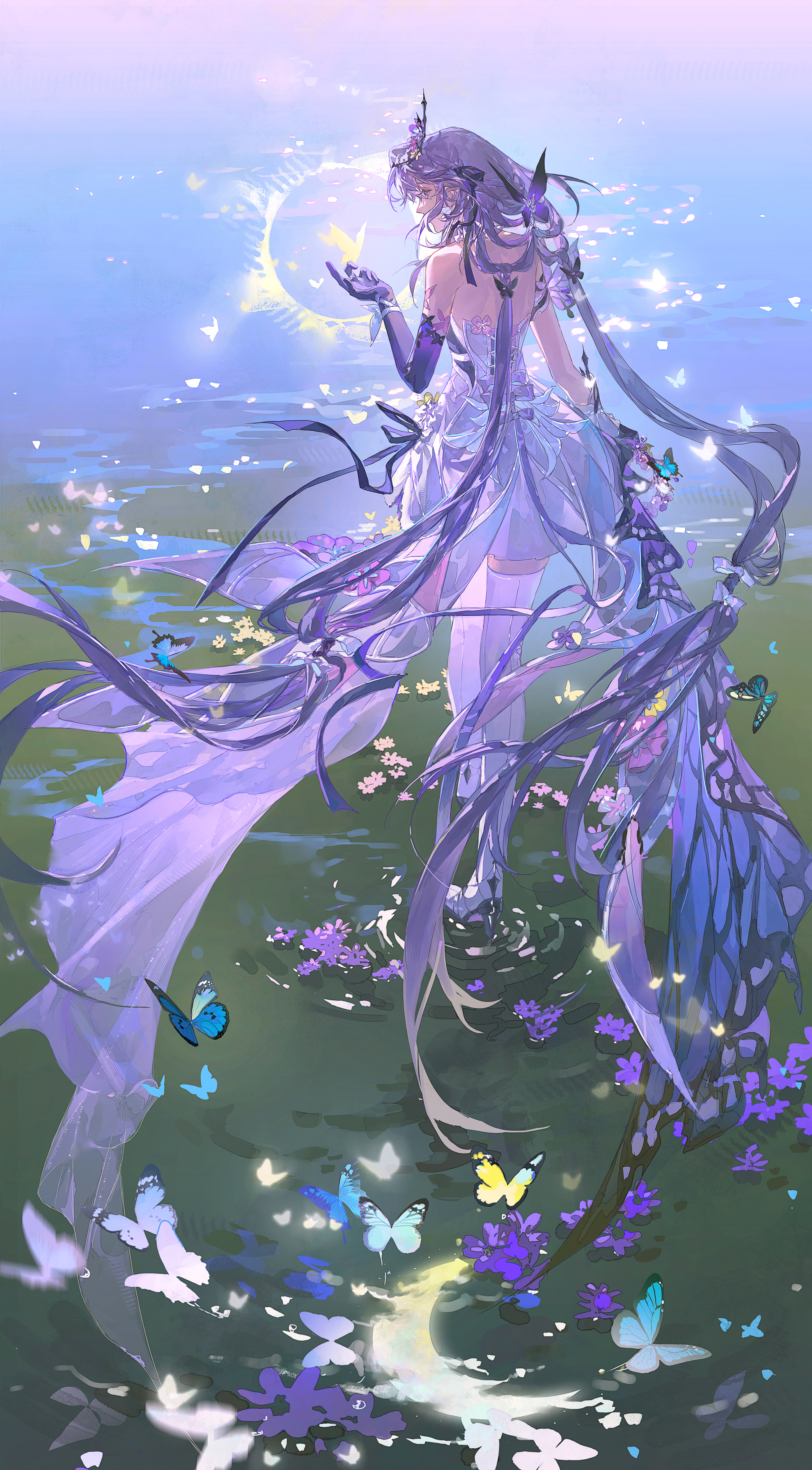 kizumi, castorice (honkai: star rail), honkai: star rail, honkai (series), absurdres, highres, second-party source, 1girl, asymmetrical gloves, backless dress, backless outfit, bare shoulders, black tiara, bug, butterfly, butterfly on hand, dress, elbow gloves, floating hair, flower, from behind, full body, gloves, hand up, high heels, insect, long hair, pointy ears, purple eyes, purple flower, purple gloves, purple hair, solo, thighhighs, tiara, uneven gloves, very long hair, walking, walking on liquid, water, white dress, white thighhighs