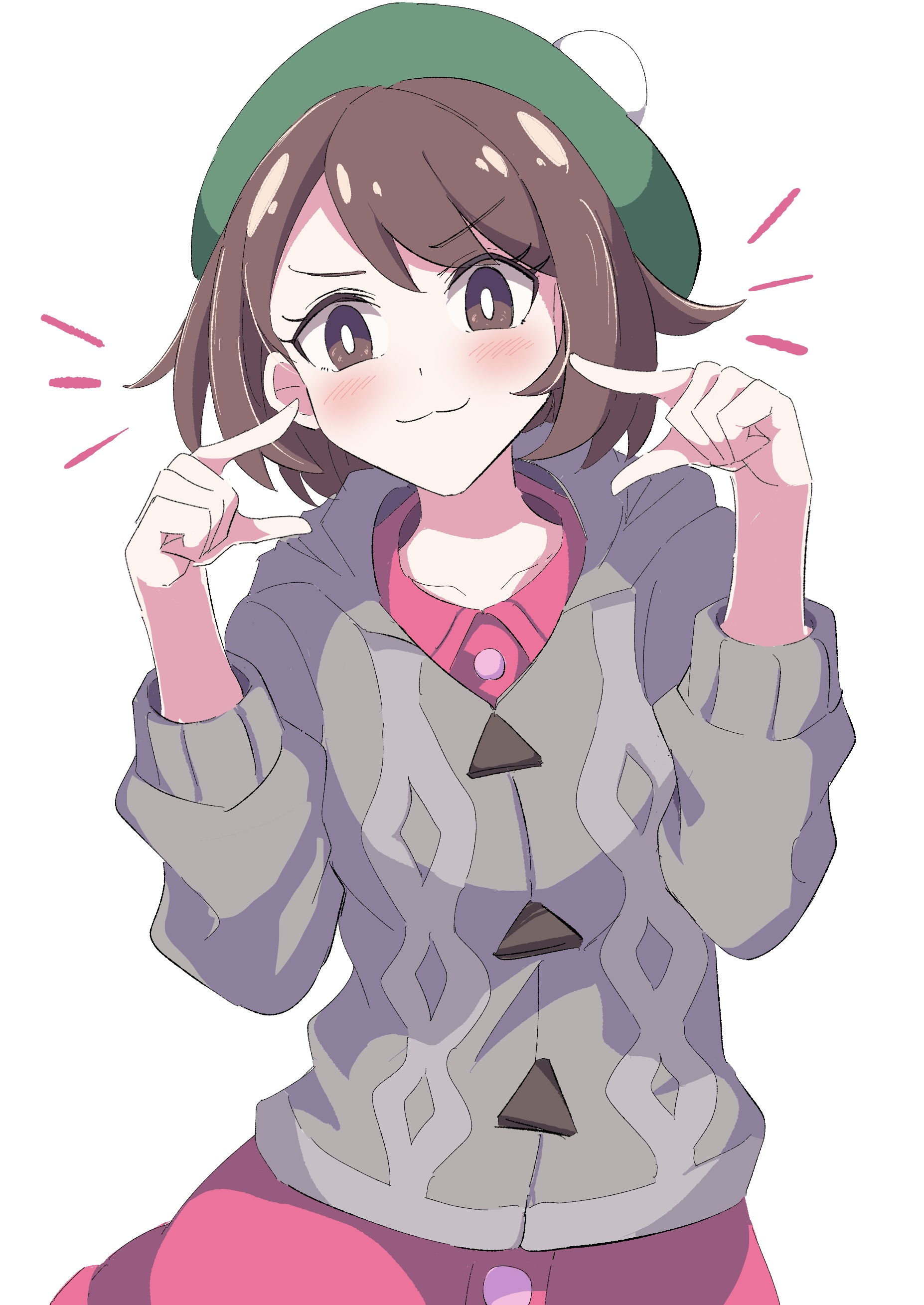 yuki nagisaa, gloria (pokemon), nintendo, pokemon, pokemon swsh, absurdres, gesture request, highres, 1girl, :3, blush, brown eyes, brown hair, cardigan, closed mouth, dress, female focus, green hat, grey cardigan, hat, long sleeves, looking at viewer, matching hair/eyes, pink dress, short hair, simple background, smile, solo, sweater, tam o' shanter, white background