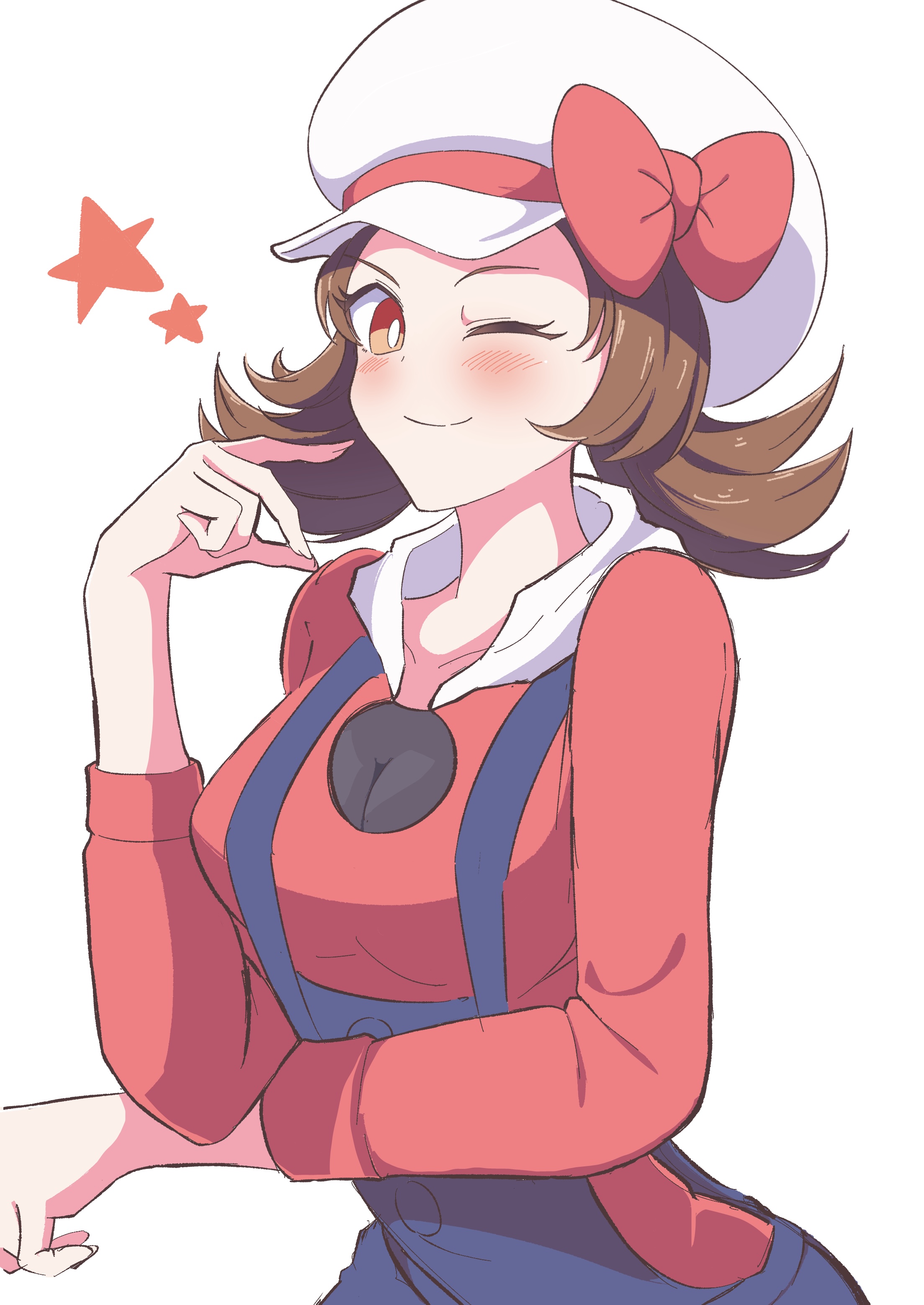 yuki nagisaa, lyra (pokemon), nintendo, pokemon, pokemon hgss, absurdres, highres, 1girl, ;), alternate eye color, blue overalls, blush, bow, breasts, brown hair, closed mouth, female focus, hat, leaning forward, medium hair, newsboy cap, one eye closed, overalls, red bow, red eyes, red shirt, shirt, sidelocks, simple background, small breasts, smile, solo, star (symbol), twintails, white background, white hat
