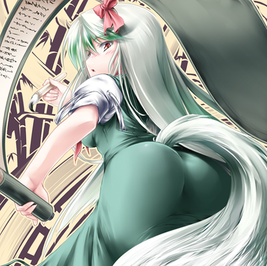 date hajime, ex-keine, kamishirasawa keine, touhou, 1girl, ass, blush, dress, female focus, green hair, horns, long hair, looking back, red eyes, ribbon, solo, tail