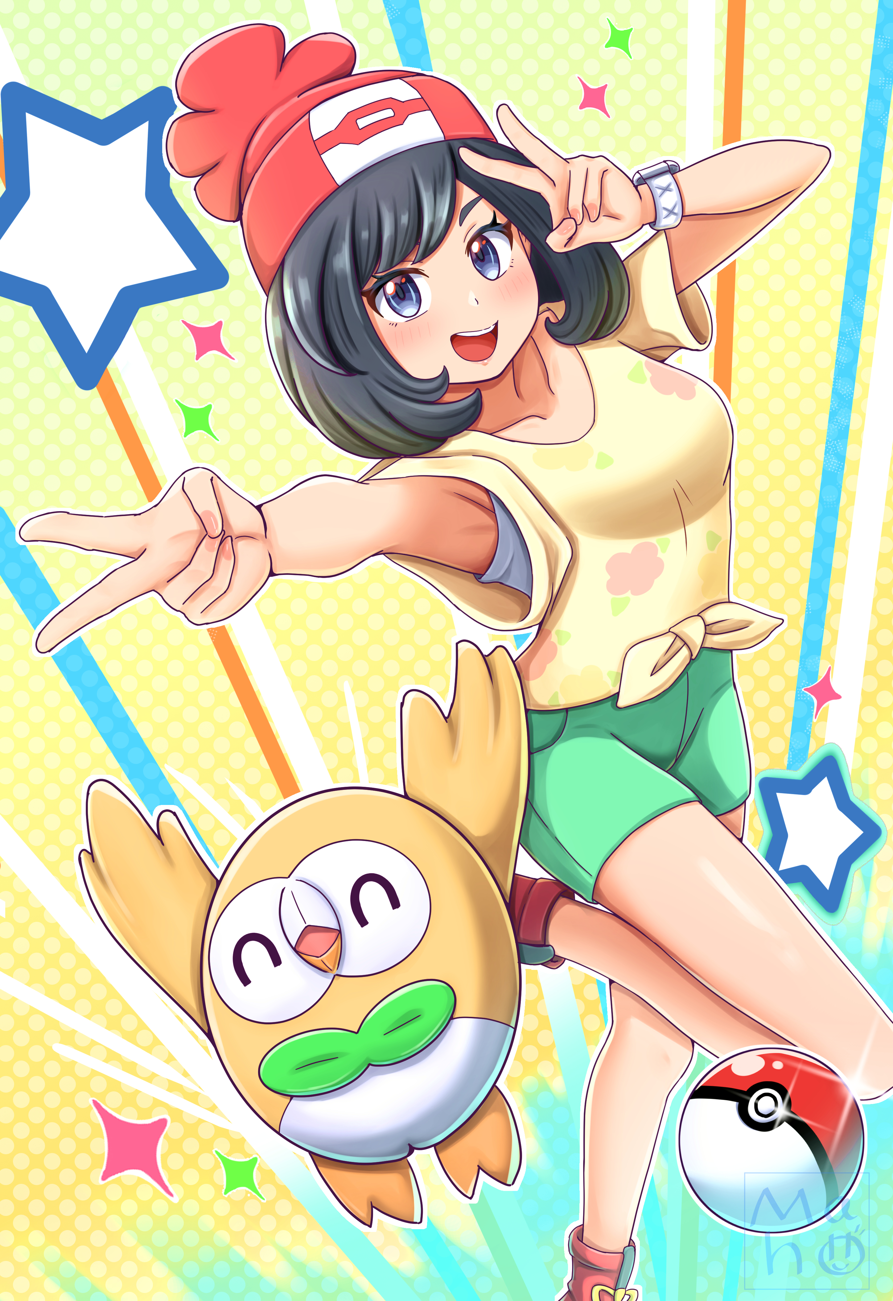maho (corotonton5150), rowlet, selene (pokemon), nintendo, pokemon, pokemon sm, absurdres, highres, 1girl, :d, ^ ^, beanie, black eyes, black hair, blush, boots, breasts, closed eyes, collarbone, double v, floral print, front-tie top, gen 7 pokemon, green shorts, hat, looking at viewer, matching hair/eyes, medium hair, open mouth, poke ball, poke ball (basic), pokemon (creature), polka dot, polka dot background, red boots, red hat, short shorts, shorts, signature, small breasts, smile, sparkle, standing, standing on one leg, star (symbol), teeth, upper teeth only, v