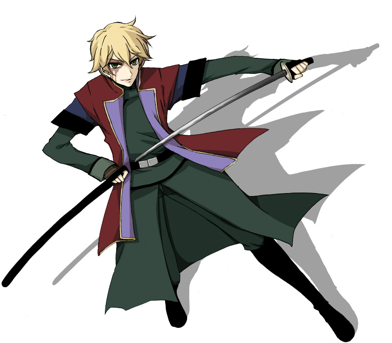 pon tarou, graham aker, mister bushido, gundam, gundam 00, bad id, bad pixiv id, 00s, belt, blonde hair, boots, bushido bob, green eyes, katana, male focus, military, military uniform, short hair, solo, sword, weapon