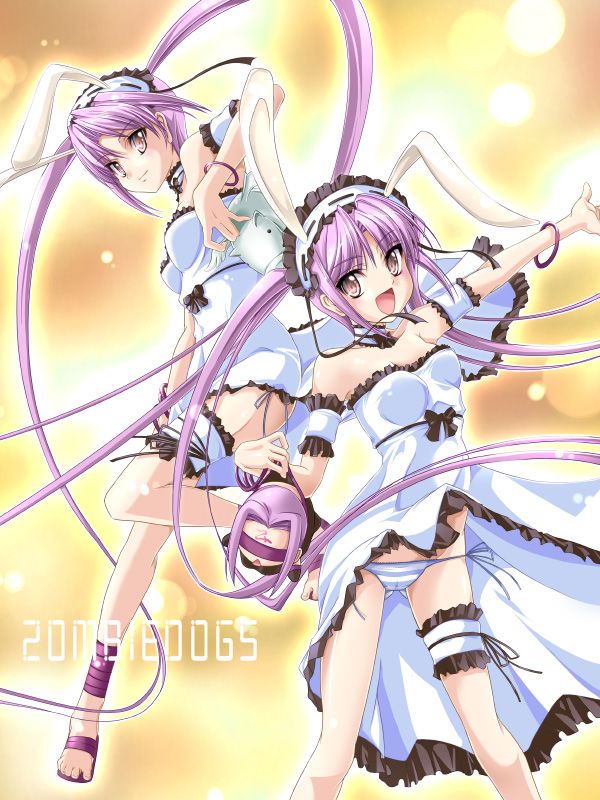 yokomizo daisuke, euryale (fate), medusa (fate), medusa (rider) (fate), stheno (fate), fate/stay night, fate (series), 00s, 3girls, animal ears, frilled thigh strap, lowleg, lowleg panties, multiple girls, panties, purple hair, rabbit ears, sandals, siblings, side-tie panties, sisters, striped clothes, striped panties, thigh strap, twins, underwear