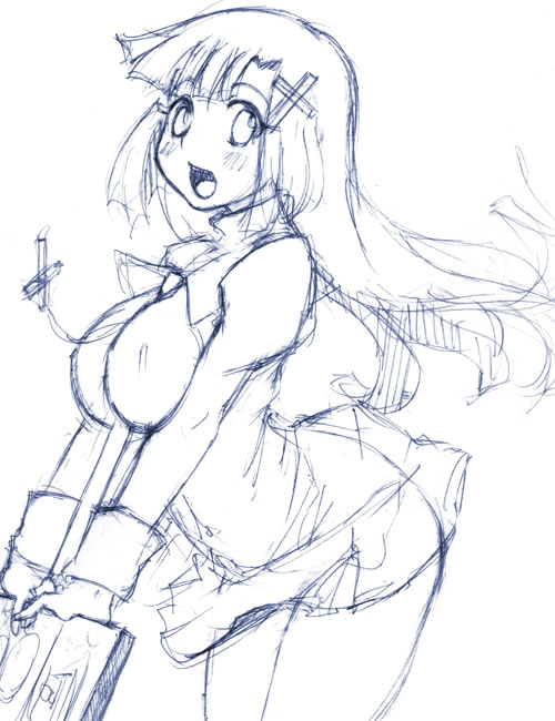 kei jiei, zange, kannagi, 00s, 1girl, :d, bow, bowtie, breasts, dress, female focus, hair ornament, holding, large breasts, looking at viewer, monochrome, open mouth, simple background, sketch, smile, solo, standing, white background, wrist cuffs, x hair ornament