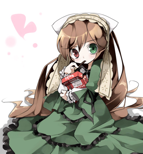 izumi minami, suiseiseki, rozen maiden, 00s, 1girl, brown hair, female focus, food, headscarf, heterochromia, long hair, pocky, solo, very long hair, white headscarf