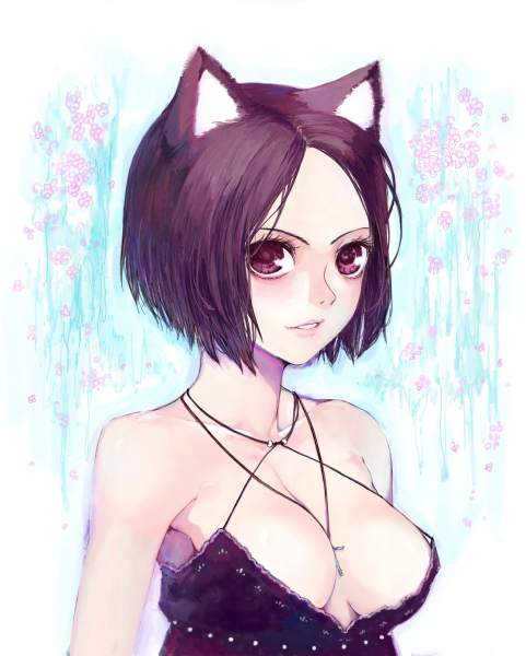 es (cah60700), original, 1girl, animal ears, between breasts, breasts, brown eyes, brown hair, cat ears, cat girl, cleavage, dress, female focus, large breasts, lips, matching hair/eyes, pink lips, short hair, solo, upper body
