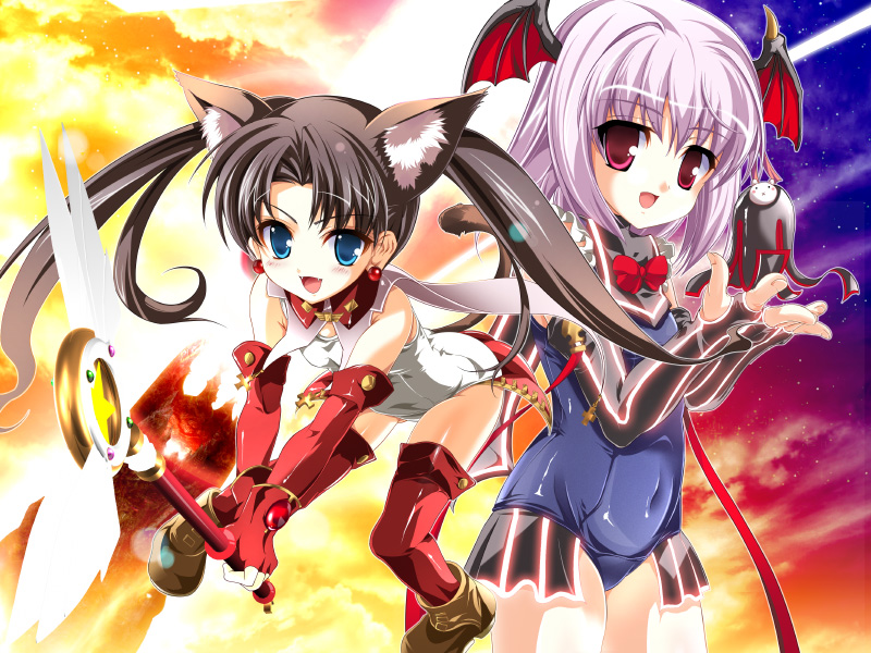 yokomizo daisuke, kaleido ruby, kaleidostick, matou sakura, tohsaka rin, fate/stay night, fate/zero, fate (series), 00s, 2girls, animal ears, demon girl, elbow gloves, gloves, multiple girls, thighhighs, wand