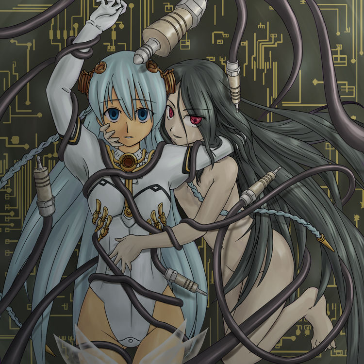 tsukeyakiba, jakuri (ar tonelico), shurelia (ar tonelico), ar tonelico, ar tonelico i, ar tonelico ii, gust, silver hair, 00s, 2girls, arm around neck, arm up, barefoot, bdsm, black hair, blue eyes, blue hair, bondage, bound, braid, cable, convenient censoring, cowboy shot, empty eyes, eyes visible through hair, flat chest, from side, gloves, groin, hair between eyes, hair censor, hair ornament, hair over breasts, hair over one breast, hand on another's cheek, hand on another's face, hand on another's stomach, headgear, highleg, highleg leotard, imminent rape, leaning forward, leg lift, leotard, long hair, looking at viewer, multiple girls, navel, nude, pale skin, parted bangs, red eyes, see-through clothes, smile, thigh gap, turtleneck, twin braids, very long hair, white gloves, yuri