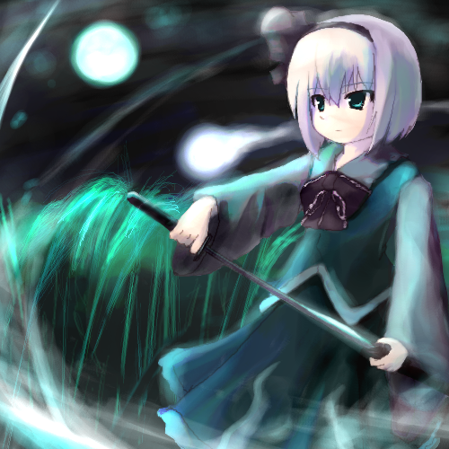 tsubasa (abchipika), konpaku youmu, konpaku youmu (ghost), touhou, silver hair, lowres, 1girl, female focus, green hair, hitodama, katana, night, solo, sword, weapon