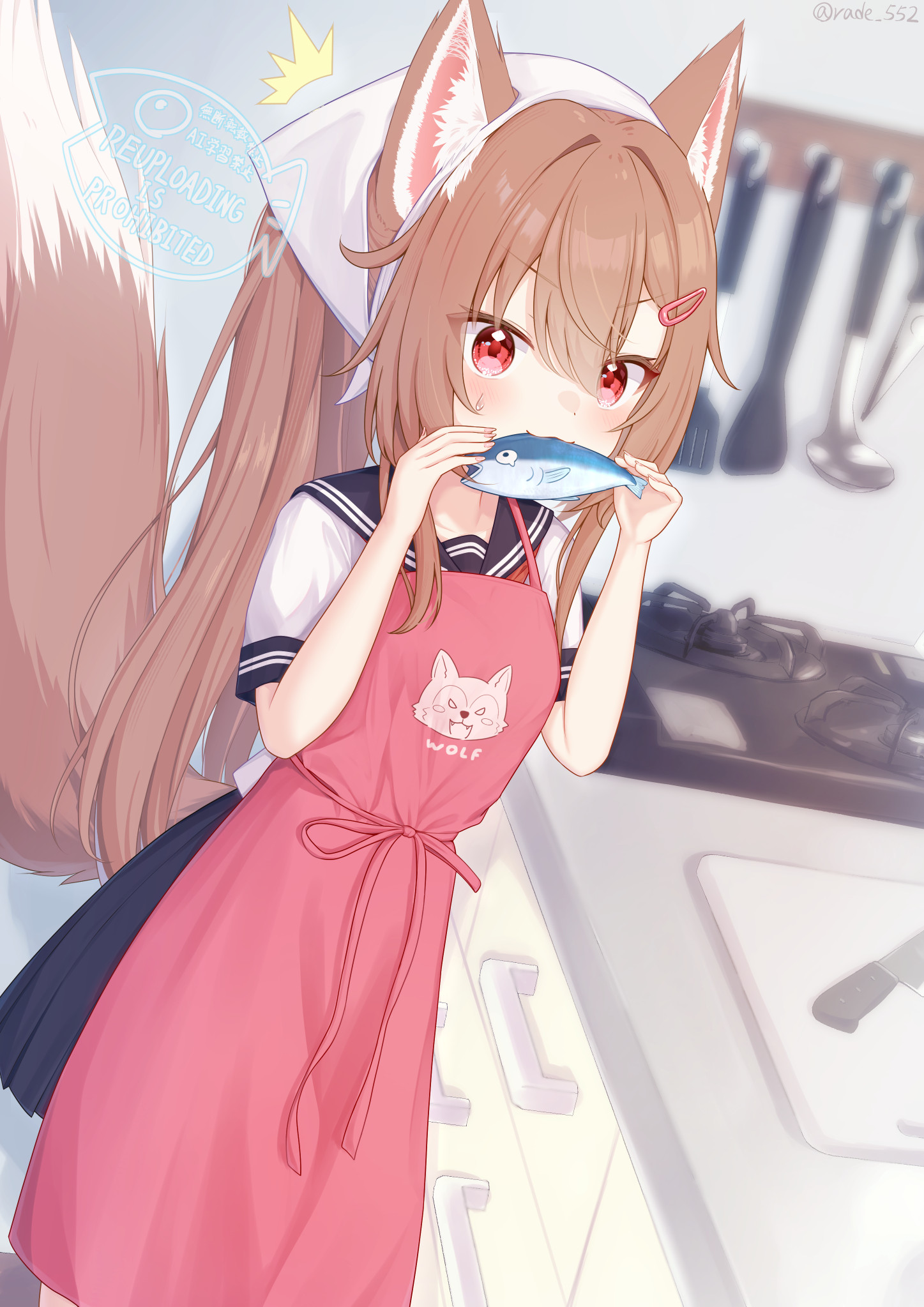 rade (rade 552), commentary request, highres, 1girl, ^^^, animal ear fluff, animal ears, apron, blue sailor collar, blue skirt, brown hair, fish, hair ornament, hairclip, headscarf, kitchen, long hair, looking at viewer, miniskirt, pink apron, pleated skirt, red eyes, sailor collar, sailor shirt, school uniform, serafuku, shirt, short sleeves, skirt, solo, tail, v-shaped eyebrows, watermark, white headscarf, white shirt, wolf ears, wolf girl, wolf tail