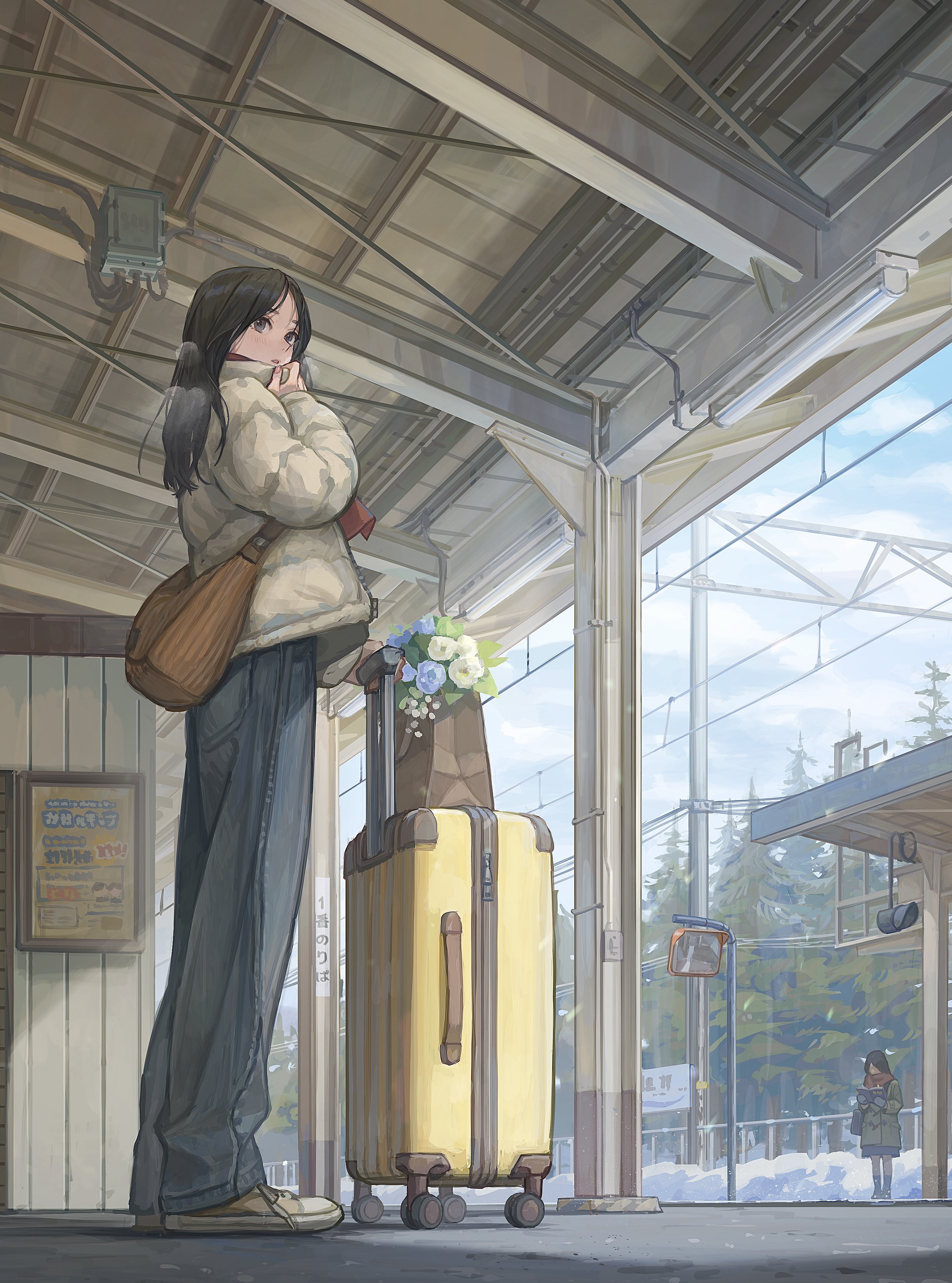 utaka (anyoanyot), original, absurdres, commentary request, highres, 2girls, bag, black eyes, black hair, book, bouquet, brown bag, day, denim, down jacket, flower, holding, holding book, jacket, jeans, looking to the side, multiple girls, outdoors, pants, red scarf, rolling suitcase, scarf, shopping bag, solo focus, standing, suitcase, train station, train station platform, tree, utility pole, white jacket