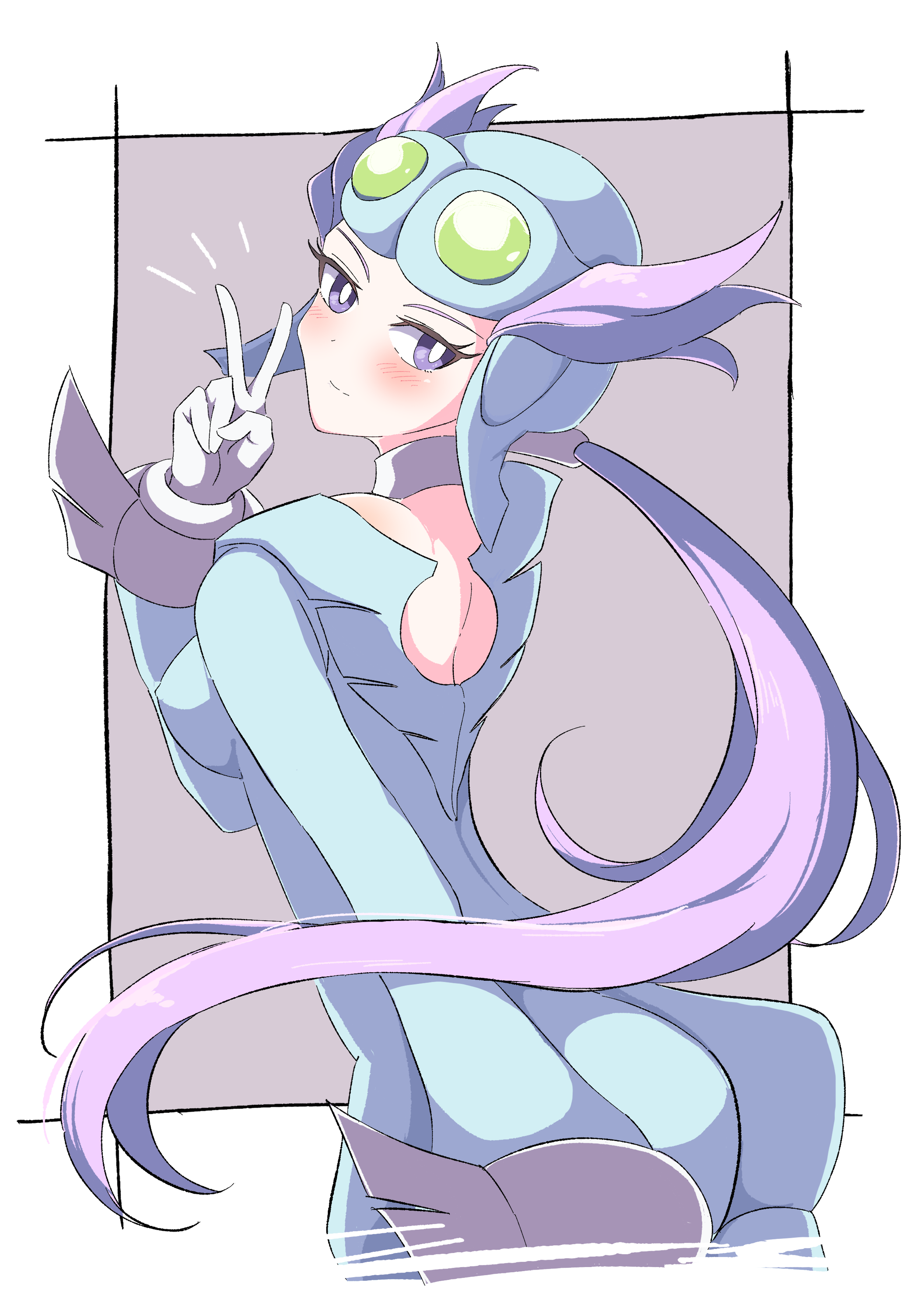 yuki nagisaa, winona (pokemon), nintendo, pokemon, pokemon rse, absurdres, highres, 1girl, ass, backless bodysuit, backless outfit, blue bodysuit, blue helmet, blush, bodysuit, border, breasts, closed mouth, collar, covered erect nipples, female focus, gloves, goggles, goggles on head, grey background, gym leader, helmet, leaning forward, long hair, looking at viewer, looking back, matching hair/eyes, medium breasts, ponytail, purple eyes, purple hair, simple background, smile, solo, v, very long hair, white collar, white gloves