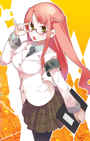 haruse hiroki, original, 1girl, armband, blazer, female focus, glasses, jacket, long hair, necktie, pantyhose, pink hair, school uniform, skirt, solo