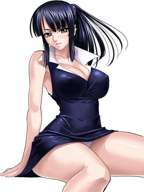 kagami hirotaka, nico robin, nico robin (teen), one piece, 1girl, black hair, blunt bangs, breasts, brown eyes, cleavage, covered erect nipples, female focus, looking at viewer, panties, ponytail, popped collar, sitting, solo, underwear, white background
