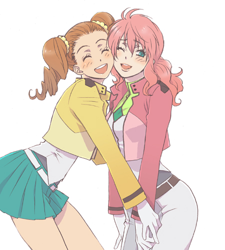 saida nika, feldt grace, mileina vashti, gundam, gundam 00, bad id, bad pixiv id, lowres, 00s, 2girls, :d, ;d, blush, brown hair, cheek-to-cheek, couple, drill hair, female focus, friends, gloves, green eyes, happy, heads together, jacket, long hair, multiple girls, one eye closed, open mouth, pink hair, skirt, smile, standing, twintails, wince, yuri