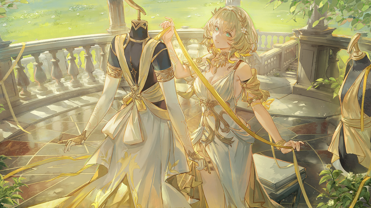 ergouzi echo, aglaea (honkai: star rail), honkai: star rail, honkai (series), second-party source, 1girl, ancient greek clothes, bare shoulders, blonde hair, breasts, dress, flower, garmentmaker (honkai: star rail), greco-roman clothes, green eyes, hair between eyes, hair flower, hair ornament, head wreath, jewelry, large breasts, laurel crown, mannequin, parted lips, short hair, solo, white dress, yellow nails