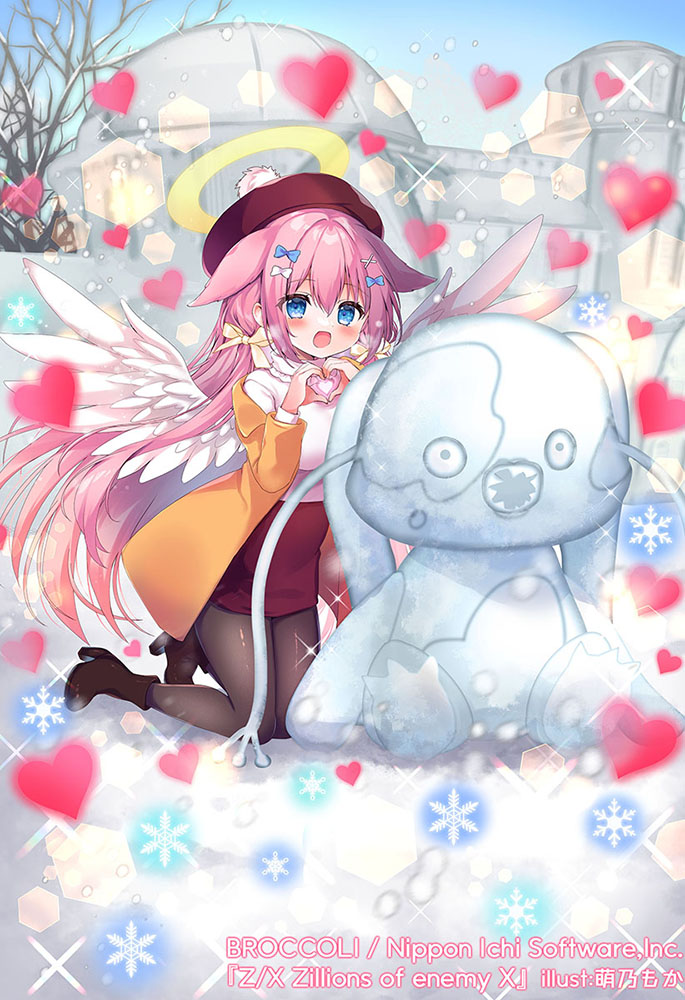 honoka chiffon, z/x, official art, 1girl, bare tree, black pantyhose, blue bow, blue eyes, bow, brown shoes, coat, copyright notice, feathered wings, four-finger heart hands, hair bow, hair ornament, hair ribbon, hairclip, halo, hat, heart, heart hands, kneeling, long hair, marie (z/x), open clothes, open coat, open mouth, orange coat, outdoors, pantyhose, pink hair, pom pom hat ornament, red hat, red skirt, ribbon, shirt, shoes, skirt, snow, snow sculpture, snowflakes, solo, sparkle, traditional halo, tree, very long hair, white bow, white shirt, wings, yellow ribbon