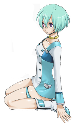 saida nika, eureka (eureka seven), eureka seven, eureka seven (series), bad id, bad pixiv id, lowres, 00s, 1girl, aqua hair, boots, choker, female focus, full body, kneeling, purple eyes, short hair, sitting, solo, thigh strap, white boots