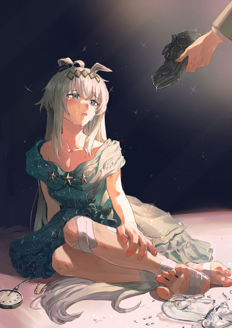esubui, kitahara jou, oguri cap (umamusume), umamusume, umamusume: cinderella gray, 1boy, 1girl, ahoge, animal ears, bandaged foot, bandaged knees, bandages, black background, black shoes, crying, ear ornament, feet, full body, glass slipper, grey eyes, grey hair, holding, holding shoes, holding unworn clothes, horse, horse ears, horse girl, long hair, pocket watch, shoes, sitting, solo focus, star (symbol), unworn shoes, watch, yokozuwari