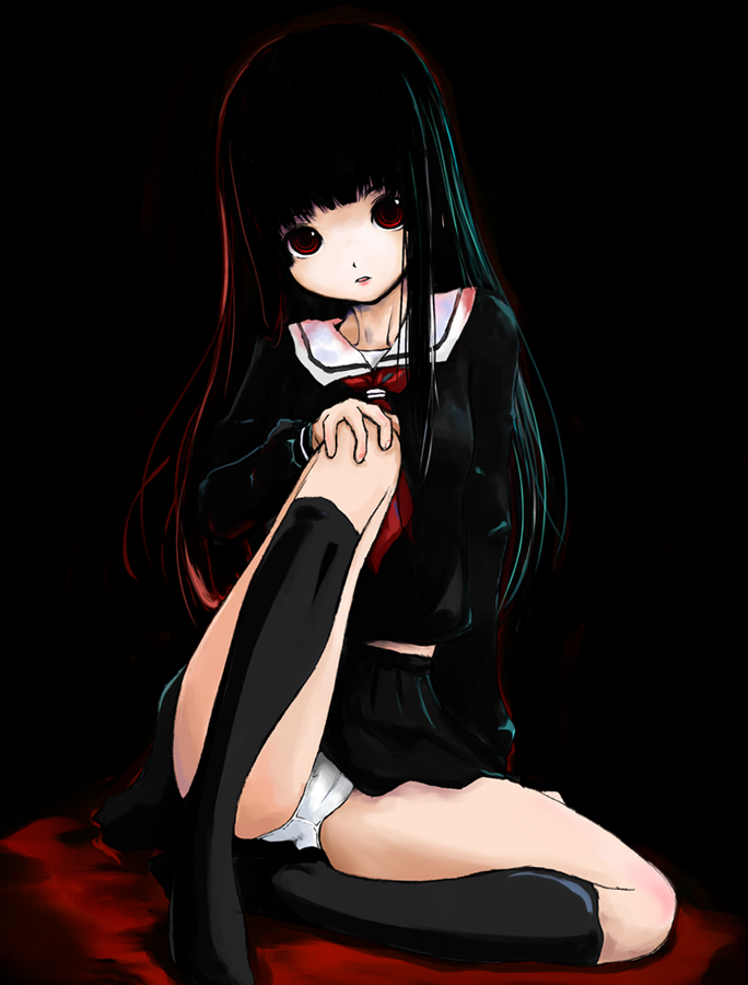 haruyuki, enma ai, jigoku shoujo, bad id, bad pixiv id, 00s, 1girl, black hair, black serafuku, black skirt, blunt bangs, female focus, hime cut, kneehighs, long hair, panties, red eyes, school uniform, serafuku, skirt, socks, solo, underwear, upskirt, white panties