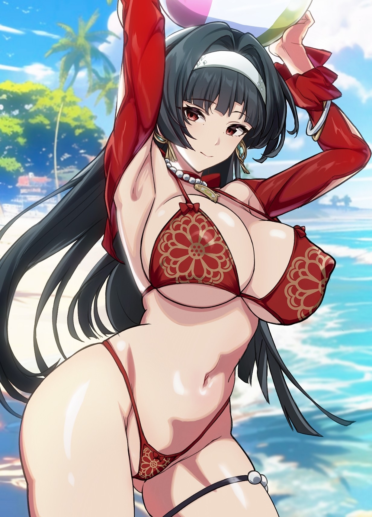 saint laurent paris, astra yao, zenless zone zero, highres, 1girl, armpits, arms up, ball, beachball, bikini, blurry, blurry background, blush, breasts, hairband, jewelry, large breasts, long hair, looking at viewer, navel, necklace, outdoors, pearl necklace, print bikini, red bikini, red eyes, shrug (clothing), smile, solo, swimsuit, thigh strap, white hairband