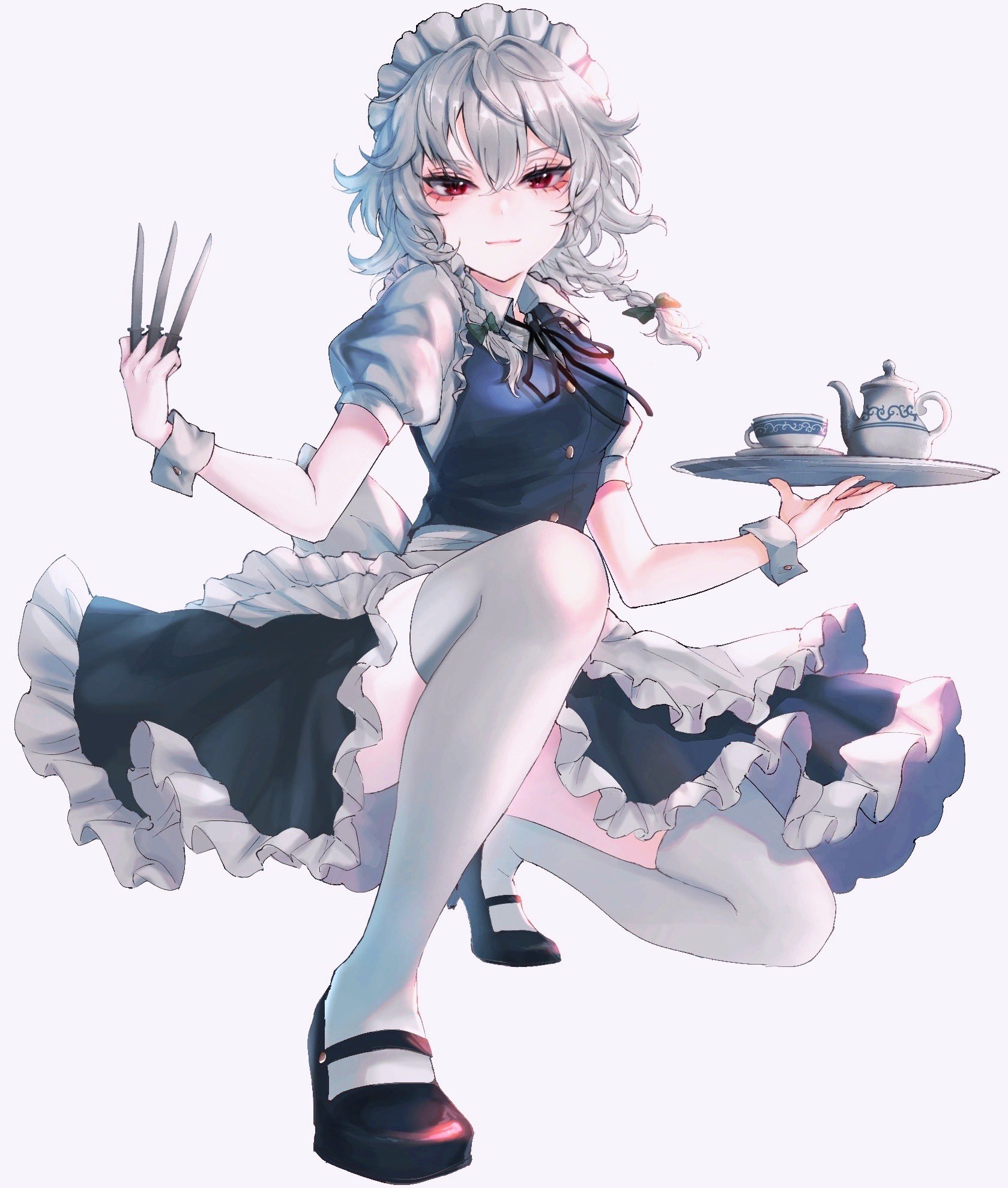 kyogoku-uru, izayoi sakuya, touhou, commentary, highres, 1girl, apron, black ribbon, black shoes, blue skirt, braid, braided sidelocks, convenient leg, cup, frilled apron, frilled headwear, frilled skirt, frills, holding, holding knife, holding tray, kneehighs, knife, looking at viewer, maid, maid apron, maid headdress, mary janes, neck ribbon, puffy short sleeves, puffy sleeves, red eyes, ribbon, shoes, short sleeves, simple background, skirt, socks, solo, teacup, teapot, tray, white apron, white background, white hair, wrist cuffs