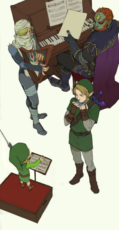 ganondorf, link, princess zelda, sheik, toon link, nintendo, super smash bros., the legend of zelda, the legend of zelda: ocarina of time, the legend of zelda: the wind waker, baton, 4boys, androgynous, bandages, beard, blonde hair, brown hair, cape, conductor, conductor baton, facial hair, from above, gloves, harp, instrument, male focus, mask, master sword, multiple boys, music, ocarina, piano, piano bench, pointy ears, pteruges, red hair, reverse trap, surcoat, sword, upright piano, weapon