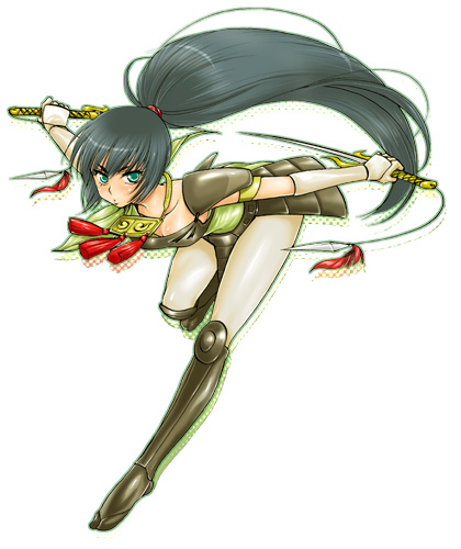 saida nika, kayura, ronin warriors, sunrise (company), yoroiden samurai troopers, bad id, bad pixiv id, lowres, armor, black hair, boots, breasts, cleavage, green eyes, long hair, ninja, pantyhose, ponytail, solo, sunrise, sword, weapon