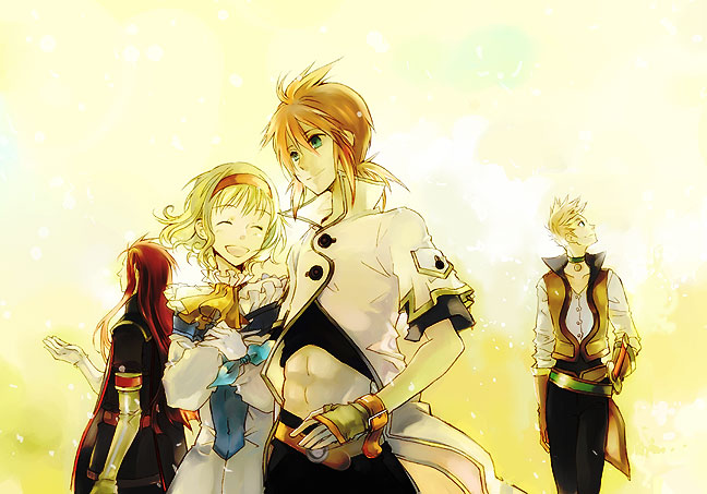 asch (tales), guy cecil, luke fon fabre, natalia luzu kimlasca lanvaldear, tales of (series), tales of the abyss, 00s, 1girl, 3boys, ascot, blonde hair, choker, gloves, green eyes, hairband, long hair, multiple boys, red hair, smile, surcoat, yellow ascot