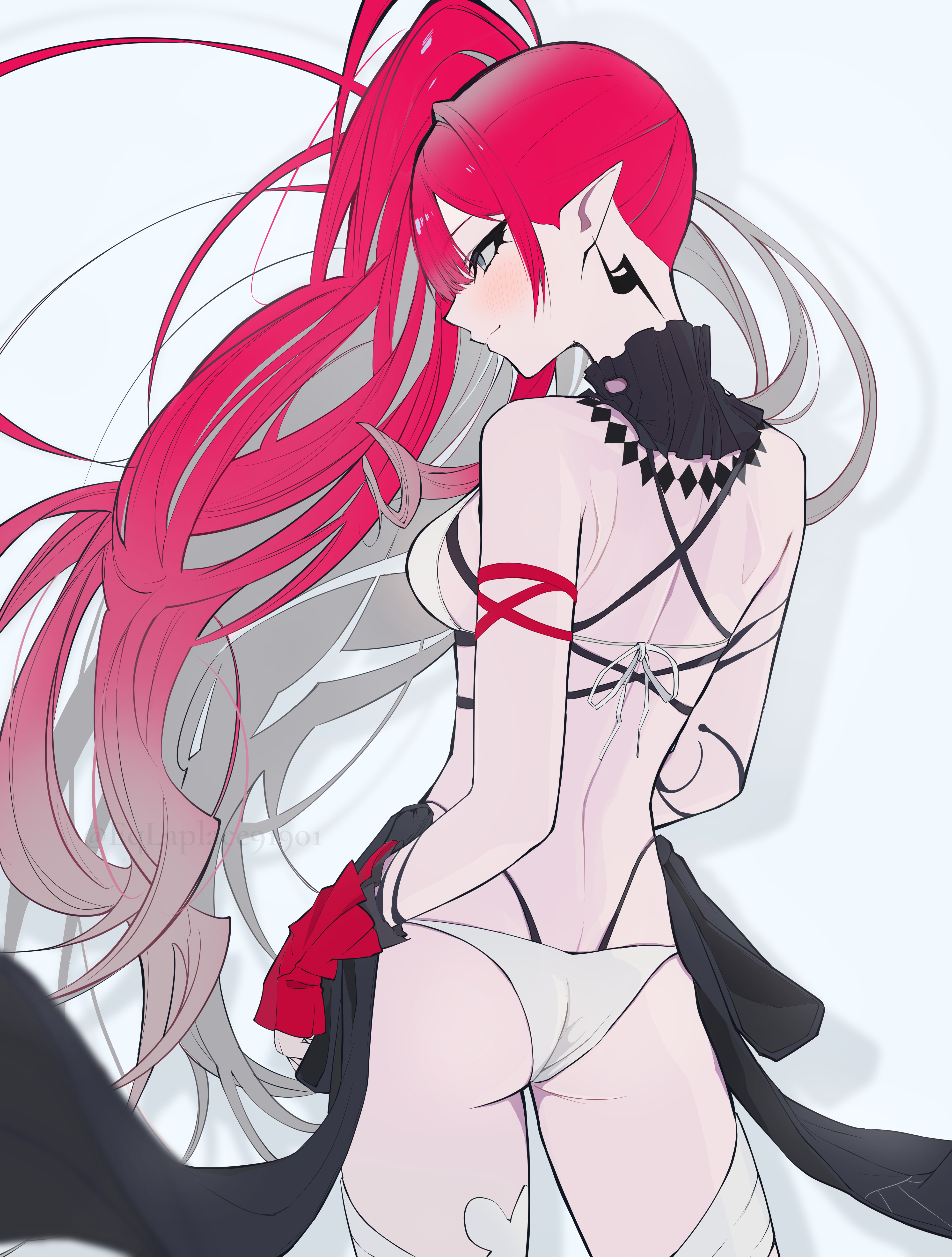uriuriyukitti, baobhan sith (fate), baobhan sith (swimsuit pretender) (third ascension) (fate), fate/grand order, fate (series), absurdres, highres, revision, 1girl, arm strap, ass, back, bikini, black collar, black sarong, blush, breasts, closed mouth, collar, detached collar, earrings, from behind, grey background, grey eyes, jewelry, long hair, looking ahead, median furrow, nose, pink hair, pink sleeves, pointy ears, sarong, shoulder blades, side ponytail, simple background, solo, swimsuit, thighhighs, thighs, very long hair, white bikini, white thighhighs