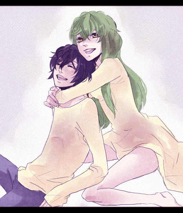 kamiyu, yumitosi, c.c., lelouch vi britannia, code geass, bad id, bad pixiv id, 00s, 1boy, 1girl, black hair, dress, gradient background, green hair, happy, hetero, hug, letterboxed, long hair, short hair, white background, yellow eyes