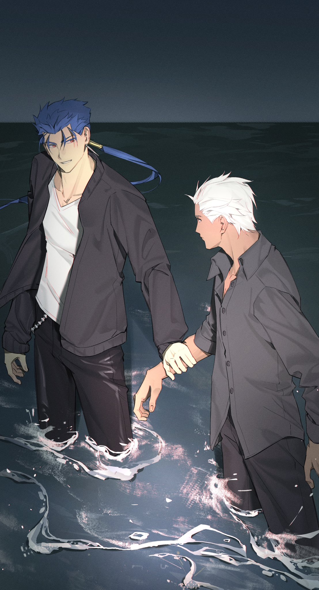 archer (casual wear) (fate), archer (fate), cu chulainn (casual wear) (fate), cu chulainn (fate), fate/stay night, fate (series), highres, 2boys, black jacket, black pants, black shirt, blue hair, casual, collarbone, collared shirt, dark-skinned male, dark skin, dress shirt, earrings, holding another's wrist, jacket, jewelry, long hair, long sleeves, looking at another, male focus, multiple boys, official alternate costume, open clothes, open jacket, pants, ponytail, red eyes, shirt, short hair, smile, t-shirt, untucked shirt, v-neck, wading, wallet chain, white hair, white shirt, y111111n
