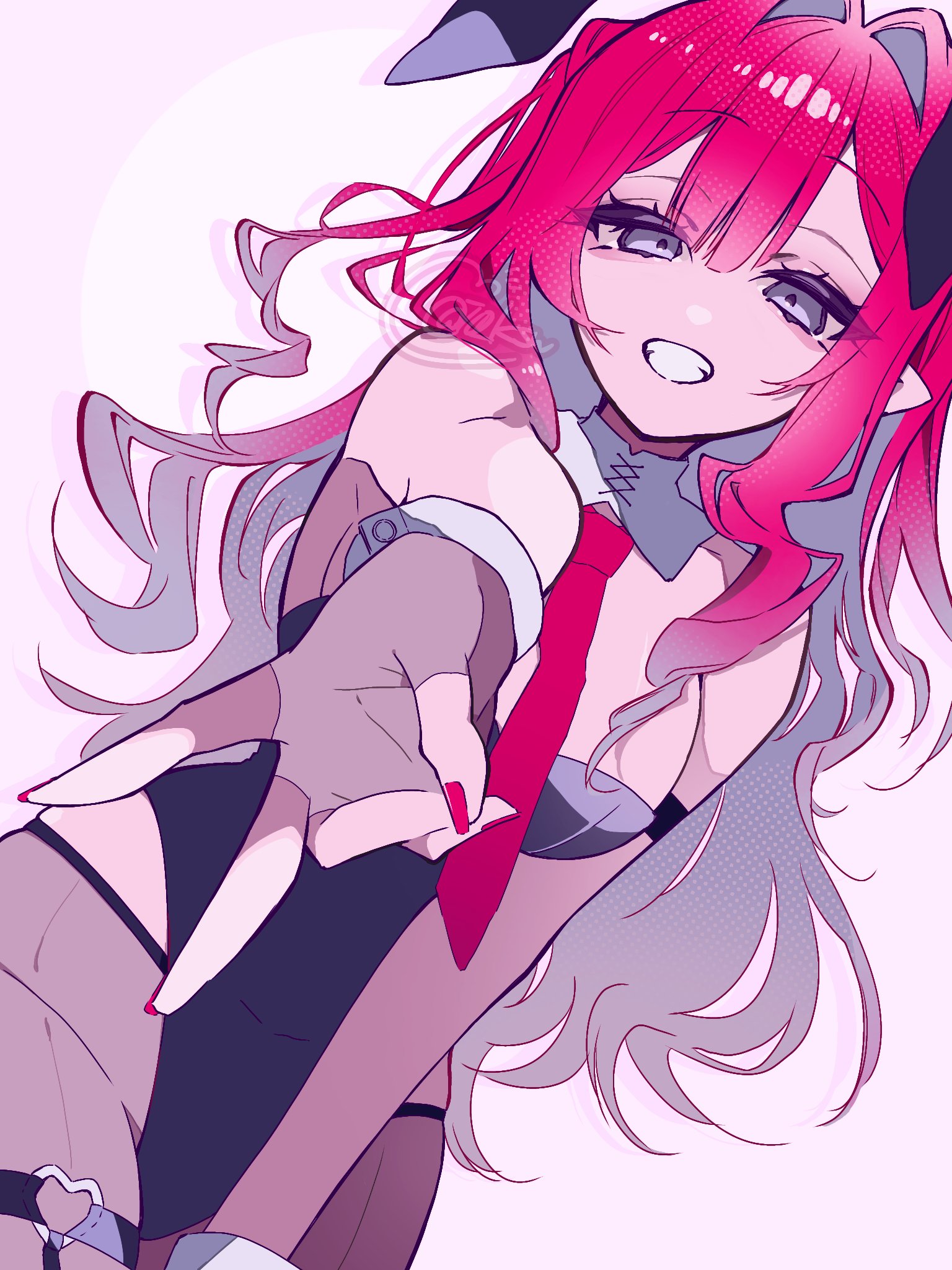 i10 ksw, baobhan sith (fate), fate/grand order, fate (series), highres, 1girl, animal ears, bare shoulders, black leotard, breasts, brown gloves, brown pantyhose, detached collar, fake animal ears, fingerless gloves, gloves, grey eyes, grin, highleg, highleg leotard, large breasts, leotard, long hair, looking at viewer, necktie, pantyhose, pink hair, playboy bunny, pointy ears, rabbit ears, sidelocks, smile, solo, thigh strap, wrist cuffs