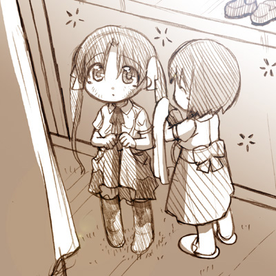 st parasu, archer (fate), matou sakura, tohsaka rin, fate/stay night, fate (series), lowres, 00s, 1boy, 2girls, aged down, cleaning, monochrome, multiple girls, sepia, slippers