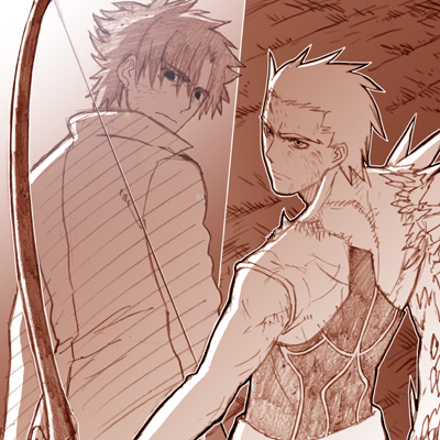 st parasu, archer (fate), emiya kiritsugu, fate/stay night, fate (series), lowres, 00s, 2boys, bow (weapon), father and son, male focus, monochrome, multiple boys, pink theme, weapon