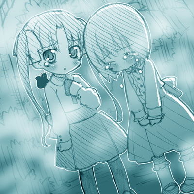 st parasu, matou sakura, tohsaka rin, fate/stay night, fate (series), lowres, 00s, 2girls, aged down, aqua theme, monochrome, multiple girls, tears