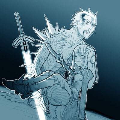 st parasu, archer (fate), artoria pendragon (fate), saber (fate), fate/stay night, fate (series), lowres, 00s, 1boy, 1girl, blue theme, excalibur (fate/stay night), glowing, glowing sword, glowing weapon, injury, kanshou & bakuya (fate), monochrome, spikes, stab, sword, weapon