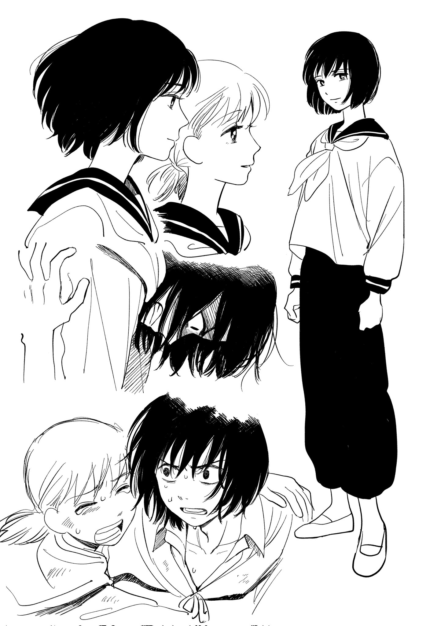 original, highres, 2girls, greyscale, monochrome, multiple girls, pants, sailor collar, school uniform, serafuku, short hair, skirt, smile, washijayowashi0, yuri