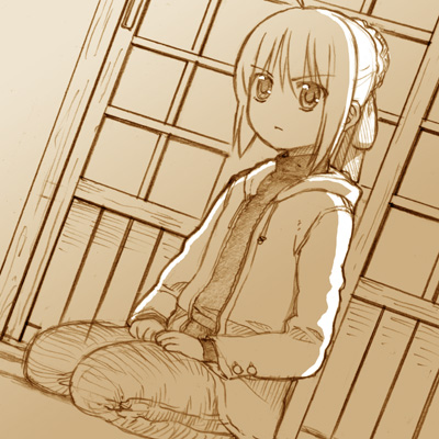 st parasu, artoria pendragon (fate), saber (fate), fate/stay night, fate (series), lowres, 00s, 1girl, alternate costume, casual, female focus, monochrome, sepia, solo