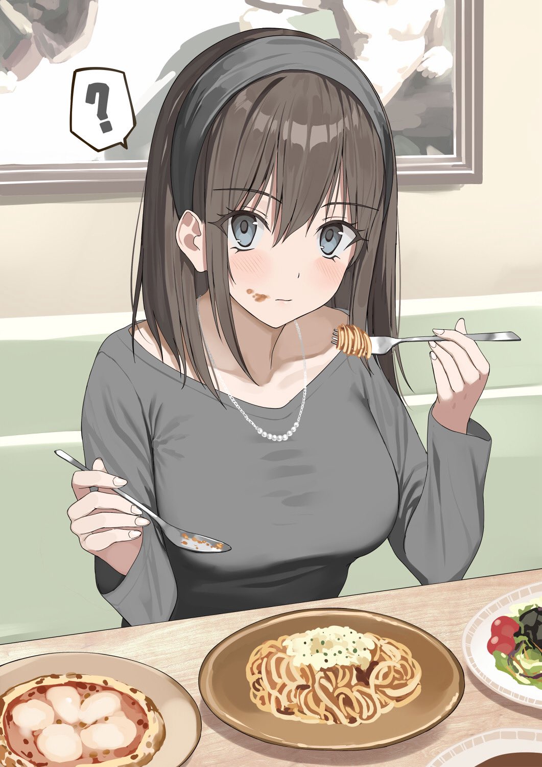 kureha (ironika), original, highres, 1girl, ?, blue eyes, blush, breasts, brown hair, closed mouth, collarbone, eating, food, food on face, fork, grey shirt, hair between eyes, hairband, holding, holding fork, holding spoon, jewelry, large breasts, long hair, long sleeves, looking at viewer, necklace, pasta, pizza, plate, shirt, sitting, solo, spaghetti, speech bubble, spoon, table
