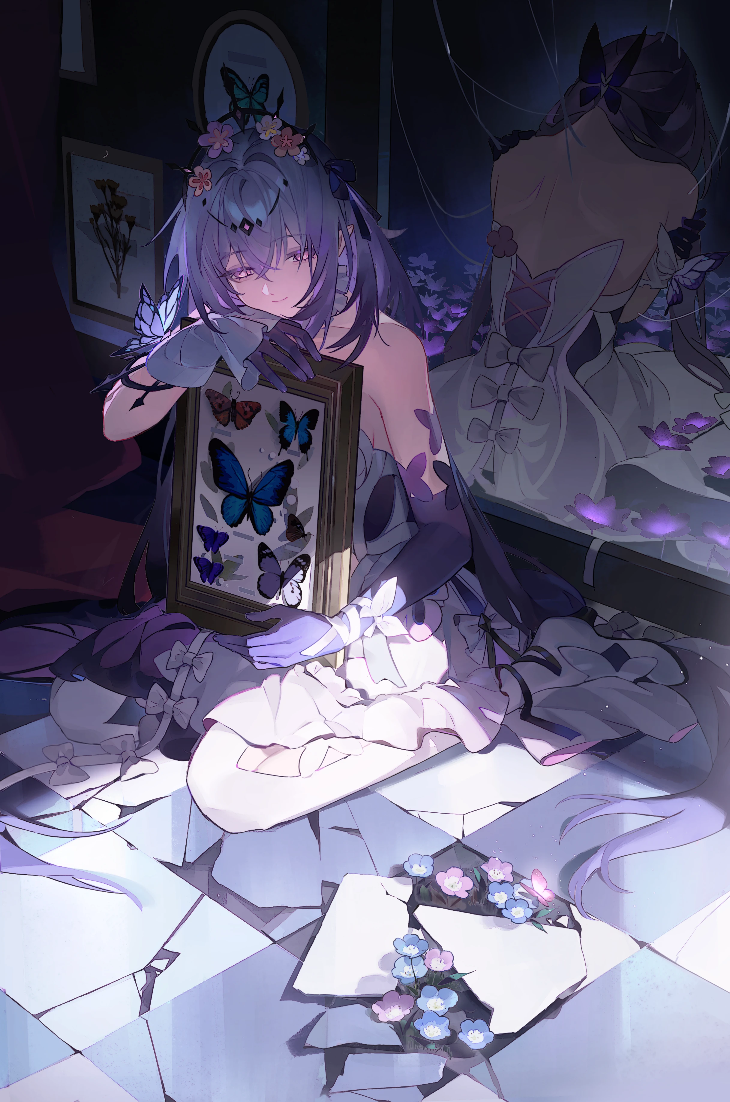 ye xing caomei, castorice (honkai: star rail), honkai: star rail, honkai (series), absurdres, highres, second-party source, 1girl, asymmetrical gloves, backless dress, backless outfit, bare shoulders, black tiara, bug, butterfly, butterfly on hand, closed mouth, dress, elbow gloves, gloves, hair between eyes, indoors, insect, kneeling, long hair, mirror, pantyhose, pointy ears, purple butterfly, purple eyes, purple gloves, purple hair, reflection, smile, solo, tiara, uneven gloves, white dress, white pantyhose